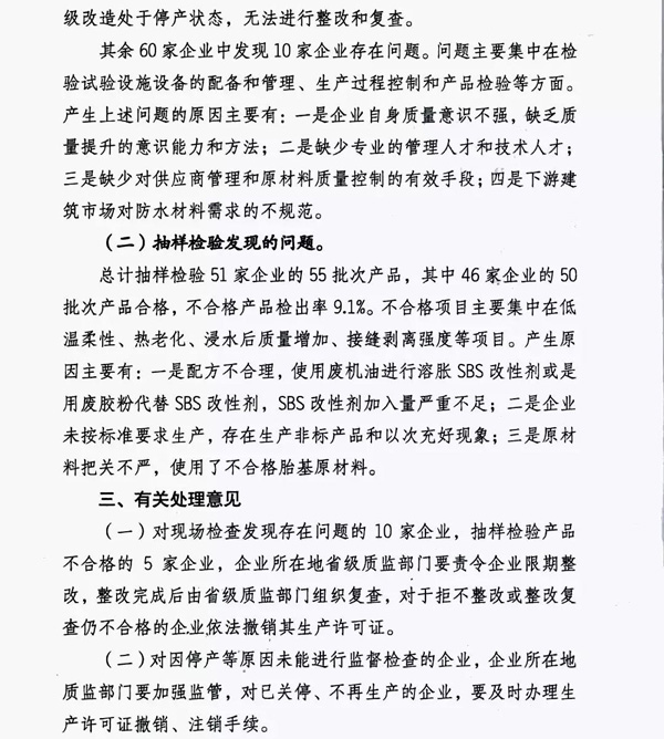 2017防水卷材專(zhuān)項(xiàng)督查結(jié)果：10家企業(yè)有問(wèn)題！5批次產(chǎn)品不合格！